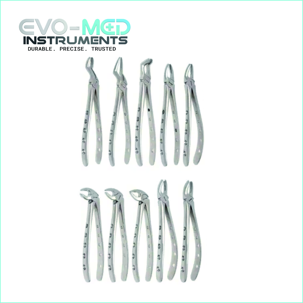 Set of 10 extracting forceps for adults Anatomical Handle